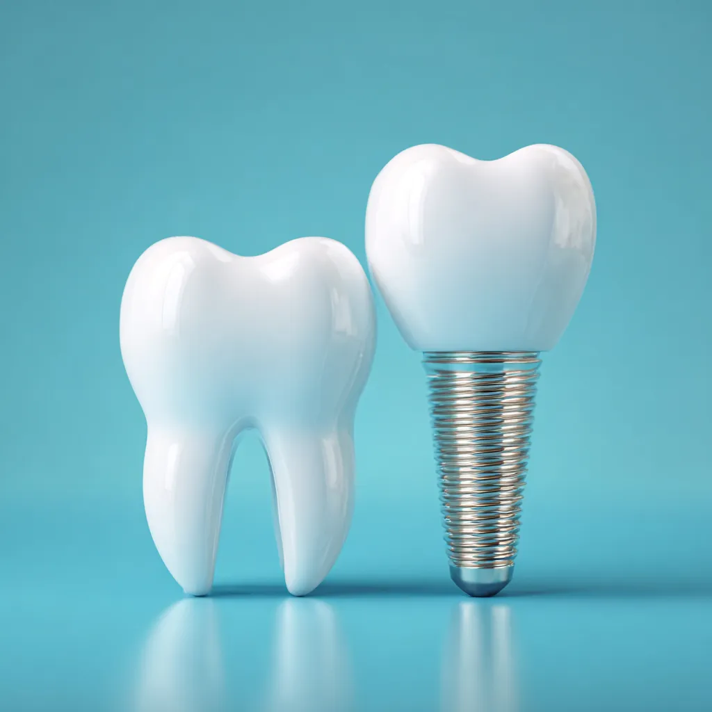 TourDent natural tooth and titanium dental implant side by side on aqua background