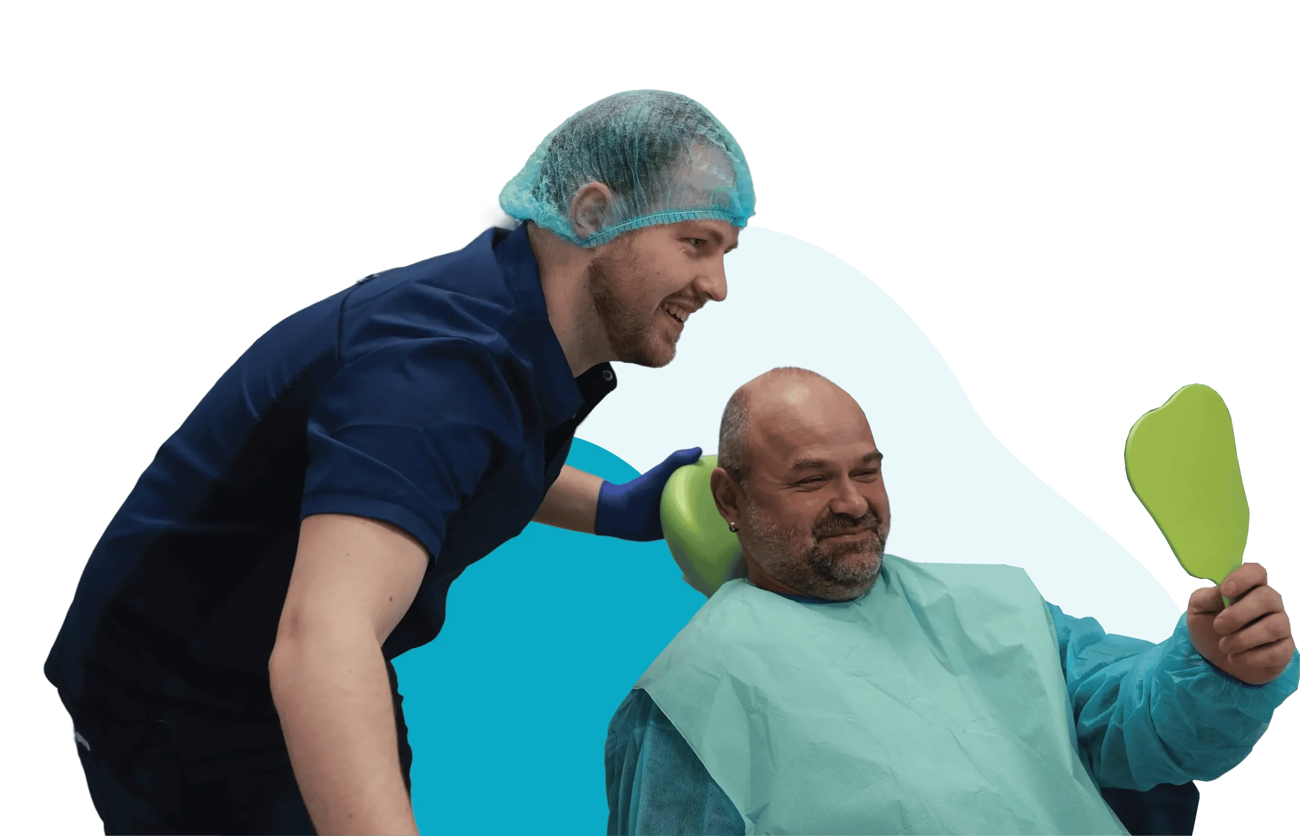 TourDent dentist showing patient his new smile in a mirror after dental treatment